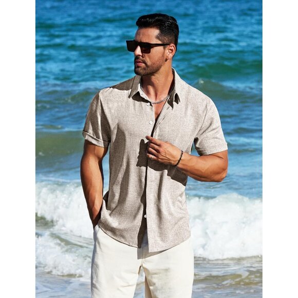 Men's Slate Grey Linen Short Sleeve Button Down Casual Shirt Business Dress - Picture 4 of 6